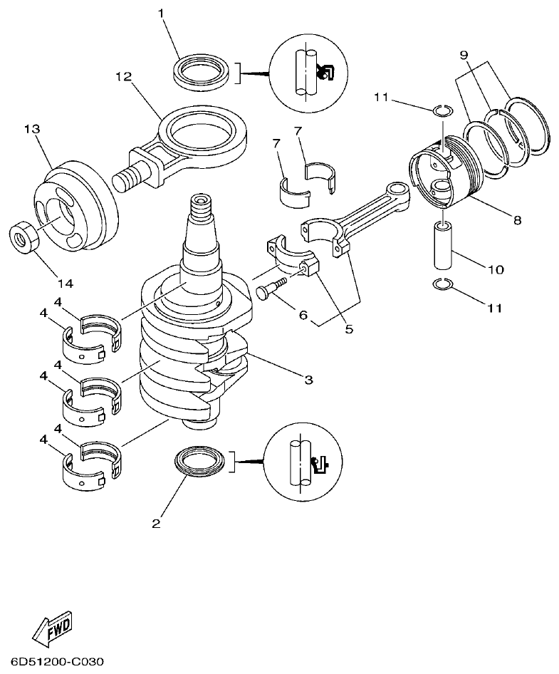 Yamaha F20A, F25A CRANKSHAFT & PISTON parts diagram